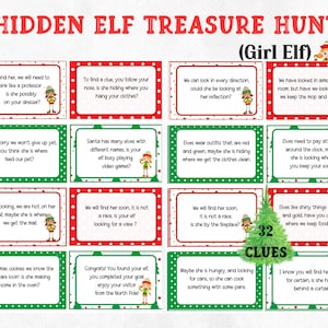 Jogo de caça ao tesouro de elfos de Natal, Caça ao tesouro de elfos ocultos, Jogo de Natal de elfos para meninas, Caça ao elfo para impressão para crianças, Cartões de dicas de caça ao tesouro