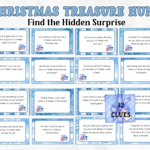 Caça ao tesouro de Natal interna, caça ao tesouro de Natal, jogo de encontrar o presente de Natal, pistas de caça ao tesouro para crianças