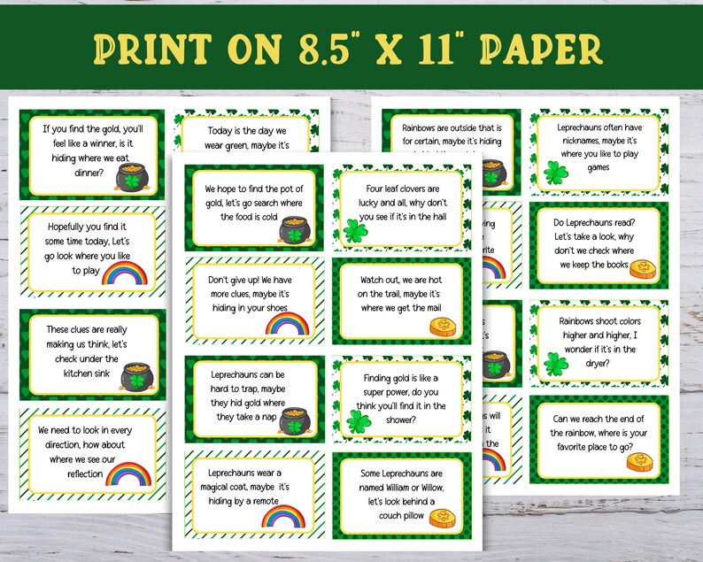 Op de afbeelding: Een set van 12 printbare kaarten met groene achtergronden en gele randen. Elke kaart bevat een andere aanwijzing voor een speurtocht, met tekst zoals "Als je de goud vindt, voel je je als een winnaar, is het verborgen waar we dineren?" en "Regenbogen zijn buiten, dat is zeker, misschien verstoppen ze zich". De kaarten zijn ontworpen voor een speurtocht met het thema St. Patrick's Day.