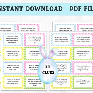 May include: A set of 25 Easter egg hunt clues printed on colourful cards with a chequered pattern. The clues are written in a playful, rhyming style and feature a bunny rabbit illustration. The cards are perfect for an Easter egg hunt.