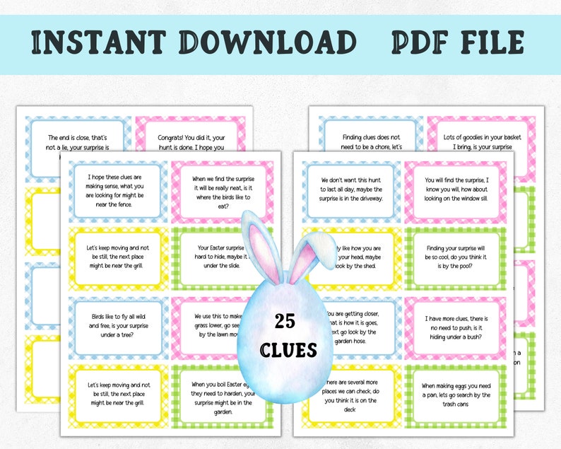 May include: A set of 25 Easter egg hunt clues printed on colourful cards with a chequered pattern. The clues are written in a playful, rhyming style and feature a bunny rabbit illustration. The cards are perfect for an Easter egg hunt.