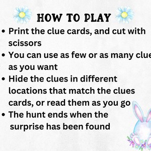 May include: Instructions on how to play a scavenger hunt game with clues hidden in different locations. The game ends when the surprise is found. The instructions are illustrated with a blue bunny with pink ears.