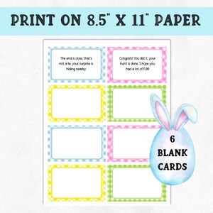 May include: Six blank cards with a gingham pattern in pink, blue, yellow, and green. The cards are 8.5 inches by 11 inches. There is a blue Easter egg with bunny ears and the text "6 BLANK CARDS" on it.