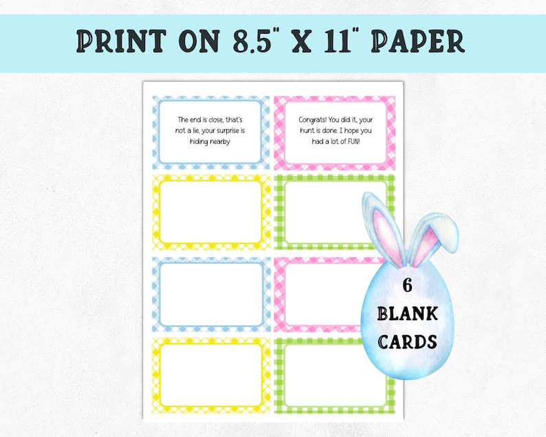 May include: Six blank cards with a gingham pattern in pink, blue, yellow, and green. The cards are 8.5 inches by 11 inches. There is a blue Easter egg with bunny ears and the text "6 BLANK CARDS" on it.