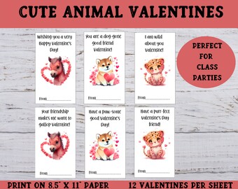 Printable Animal Valentines, Cute Animal Valentines for Kids, Classroom Valentine Cards, Valentine Party Exchange Cards, Animal Valentines