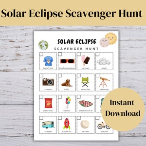 Solar Eclipse Scavenger Hunt, Solar Eclipse Party Game, Solar Eclipse Activity for Kids, Printable Solar Eclipse Game