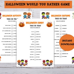 Halloween ¿Preferirías juego para niños, juego de fiesta imprimible, actividad de Halloween en el aula, descarga instantánea?