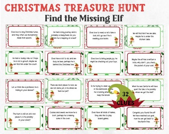 Indoor Christmas Scavenger Hunt, Christmas Treasure Hunt, Find the Elf Christmas Party Game, Treasure Hunt Clues for Kids