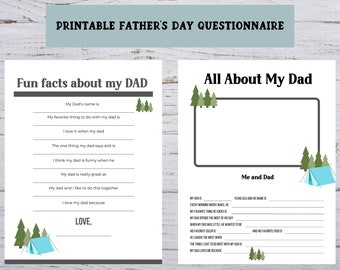 Printable Fathers Day All About Dad Questionnaire, Fathers Day Gift from Kids, Camping Theme Dad Printable, Instant Download,