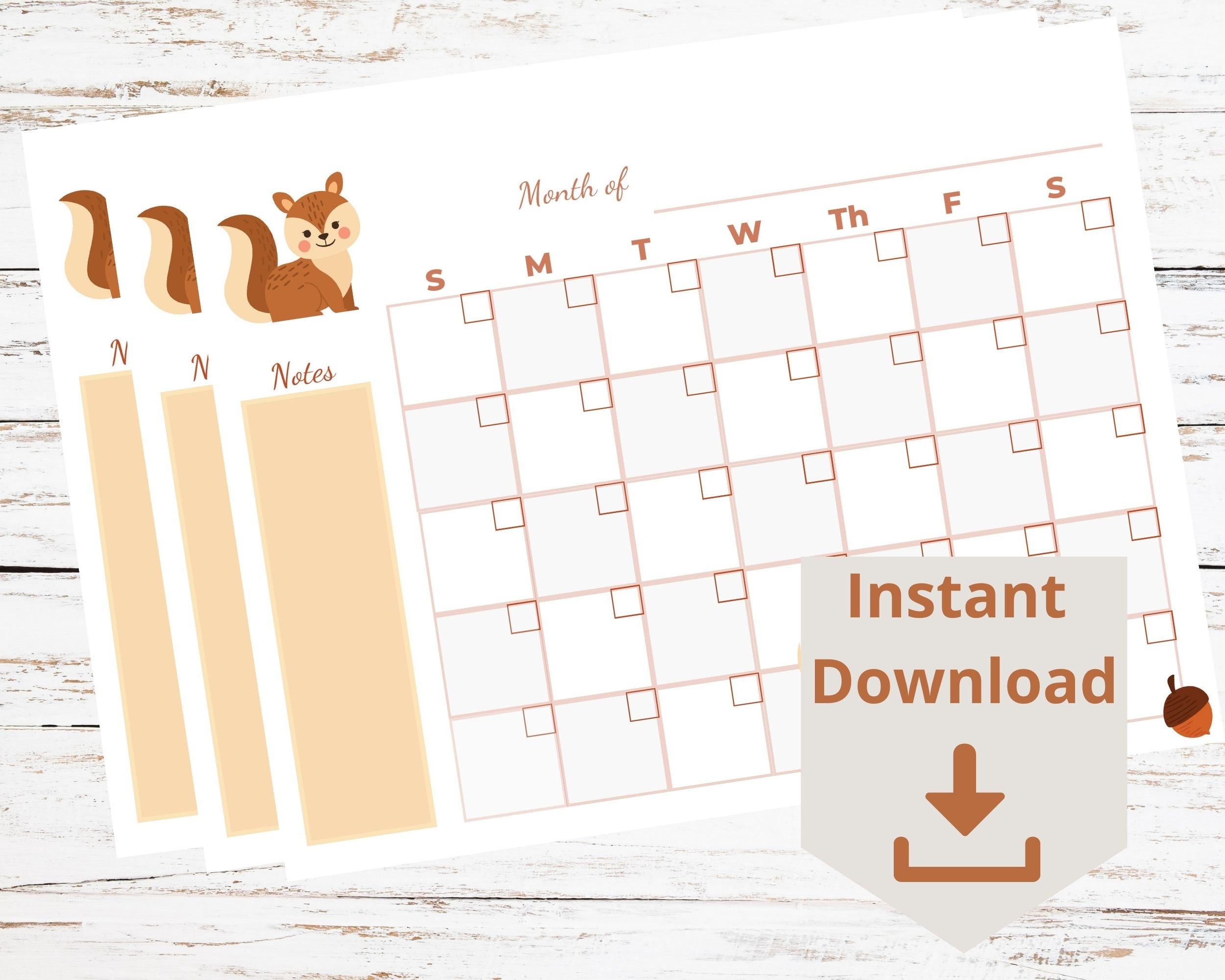 Printable Fall Squirrel Calendar Page, Fall Printables, Fall Printable ...