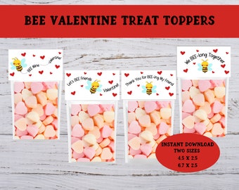 Printable Treat Bag Topper, Valentine's Day Party Bag Topper, Valentine Cookie Bag Topper, Class Party Treat Bag Tag, Bee Valentine