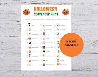 May include: A printable Halloween scavenger hunt checklist with a list of Halloween-themed items to find, including a witch, a flying broom, a spider web, a vampire, a spooky donut, a black cat, a candy bucket, a tombstone, Frankenstein, a jack-o-lantern, a spider, a bat, a Halloween gnome, a mummy, and a pumpkin mug.