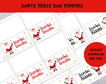 Printable Santa Treat Bag Toppers, Christmas Party Favor Tags,  Candy Bag Topper, Party Favor Printable, Classroom Treat Bag Toppers