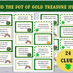 Op de afbeelding: 24 groene en gele kaarten met een ontwerp van een gouden munt en een regenboog. Elke kaart heeft een aanwijzing voor een schattenjacht. De kaarten zijn gelabeld met "Find the Pot of Gold Treasure Hunt" en "24 Clues".