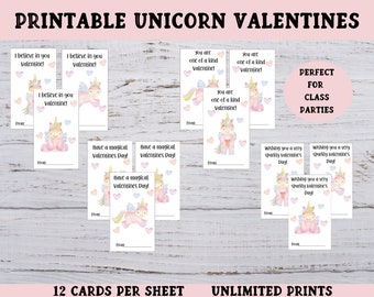 Unicorn Valentines for Kids, Printable Classroom Party Valentines, Unicorn Valentine Exchange Cards, Printable Valentines for Kids