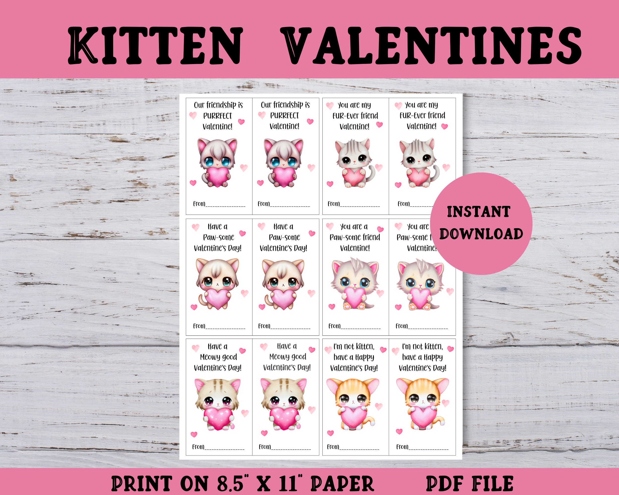Printable Kitten Valentines for Kids Valentine Cards for - Etsy