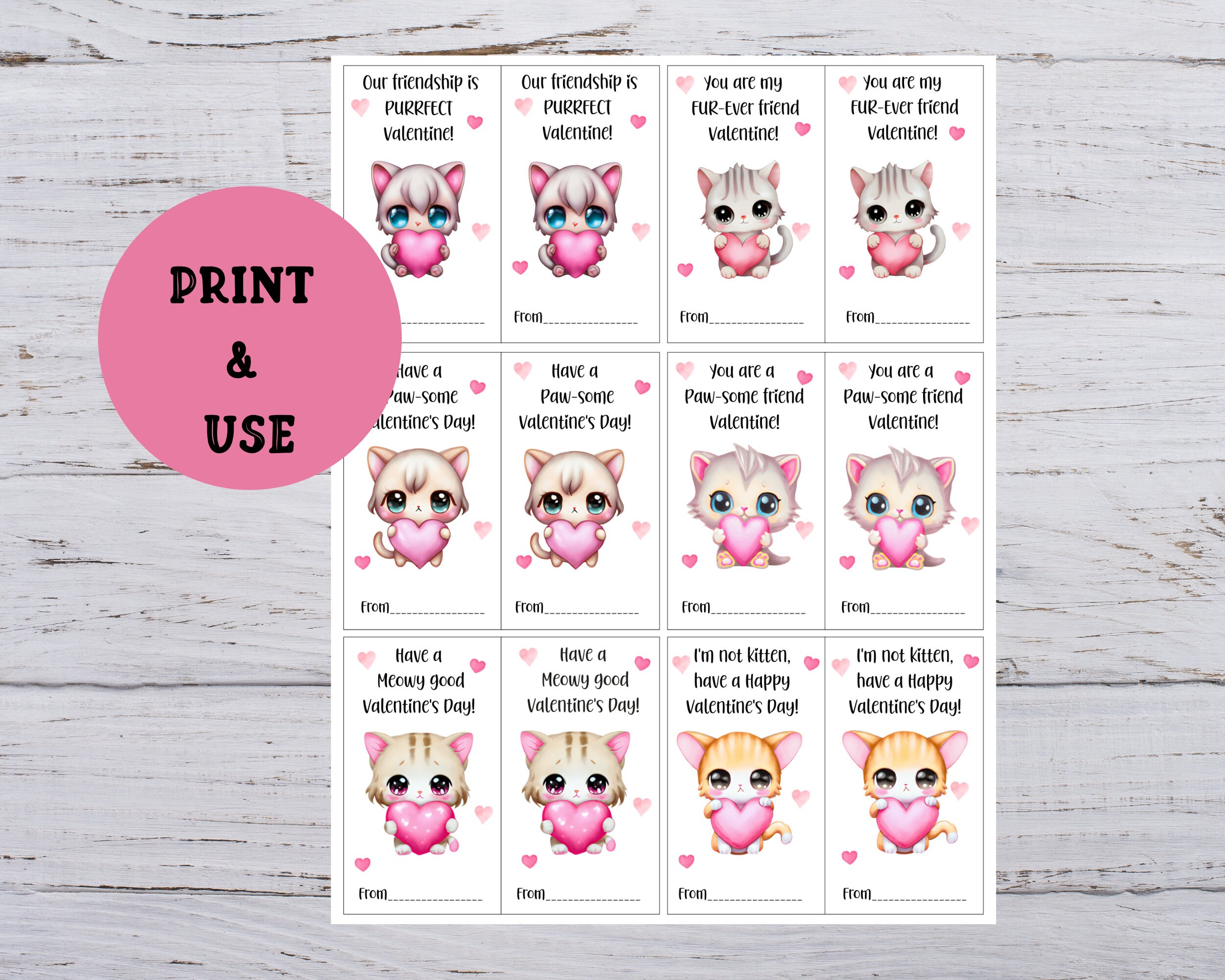 Printable Kitten Valentines for Kids, Valentine Cards for Classrooms ...