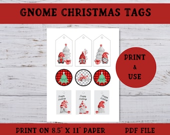 May include: Printable Christmas gift tags featuring gnomes with red hats and white beards, holding presents in front of a Christmas tree. The tags are designed to be printed on 8.5 x 11 inch paper.