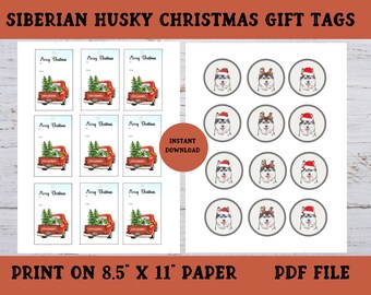 Siberian Husky Christmas Gift Tags, Dog in a Red Truck Printable Tag, Holiday Favor Tags, Dog Lover Gift Tag, Instant Download