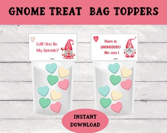 Printable  Gnome Valentine's Day  Treat Bag Toppers,  Printable Classroom Party Favors,  Gnome Valentines for Kids, Gnome Treat Bag Toppers