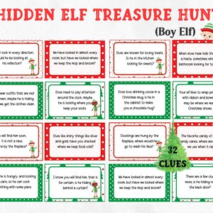 Búsqueda del tesoro de elfos navideños ocultos, búsqueda del tesoro de elfos niños. Juego de Navidad para niños, tarjetas con pistas para la búsqueda del tesoro