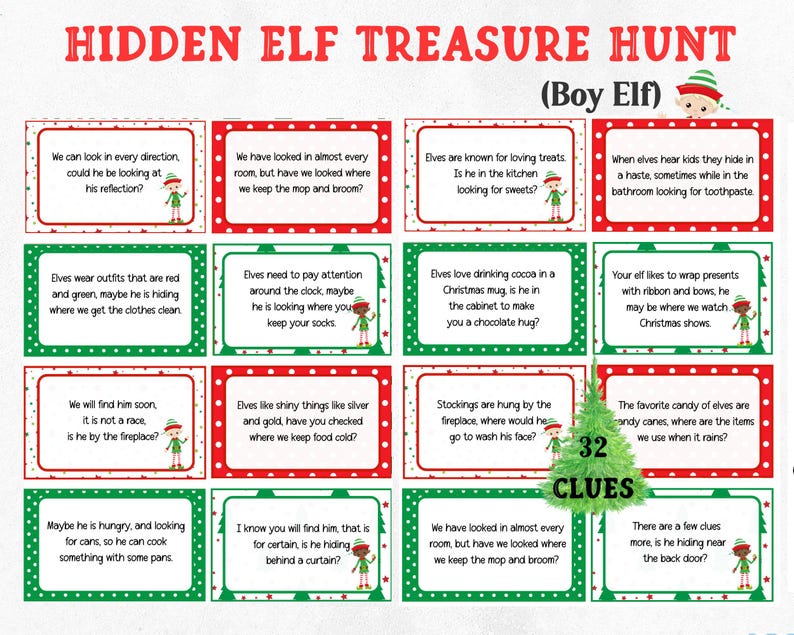 Hidden Christmas Elf Treasure Hunt, Boy Elf Scavenger Hunt. Christmas ...