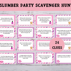 Pink Slumber Party Treasure Hunt, speurtocht voor meisjes, sleepover feestactiviteit voor Tweens, afdrukbare schattenjacht-aanwijzingen