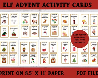 May include: A set of 36 printable Christmas Elf activity cards with gold borders and illustrations. The cards feature suggestions for daily activities like making popcorn garlands, singing Christmas songs, and having a holiday party. The text on the cards reads "ELF ACTIVITY CARD" and includes the activity suggestion. The cards are designed to be printed on 8.5 x 11 inch paper.
