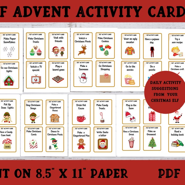 Elf Advent Activity Cards, Printable Christmas Advent Cards, Christmas Activity Cards for Kids, Family Holiday Activity Printable