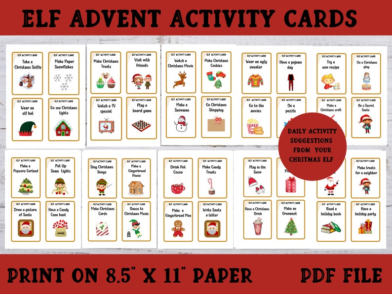 Elf Advent Activity Cards, Printable Christmas Advent Cards, Christmas Activity Cards for Kids