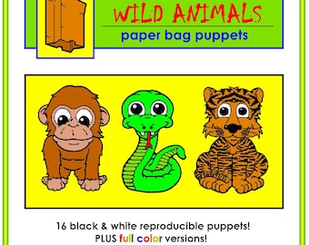 Marionetas de bolsa de papel de animales salvajes