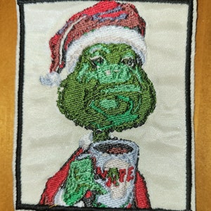 Grinch With Coffee - Christmas - Iron On Patch  10828