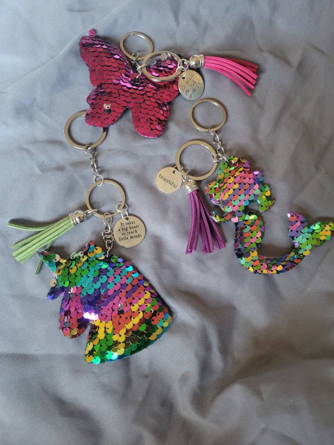 Reversible Sequin Keychains With Charm and Tassel - Etsy