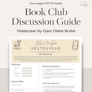 Könnte beinhalten: Ein druckbarer PDF-Diskussionsleitfaden für den Buchclub für "Yesteryear" von Caro Claire Burke. Der Leitfaden enthält eine Zusammenfassung der Handlung, Bewertungen, Einstiegsfragen und Diskussionsanregungen. Das Design umfasst eine Kuhillustration und ein Smartphone-Symbol.