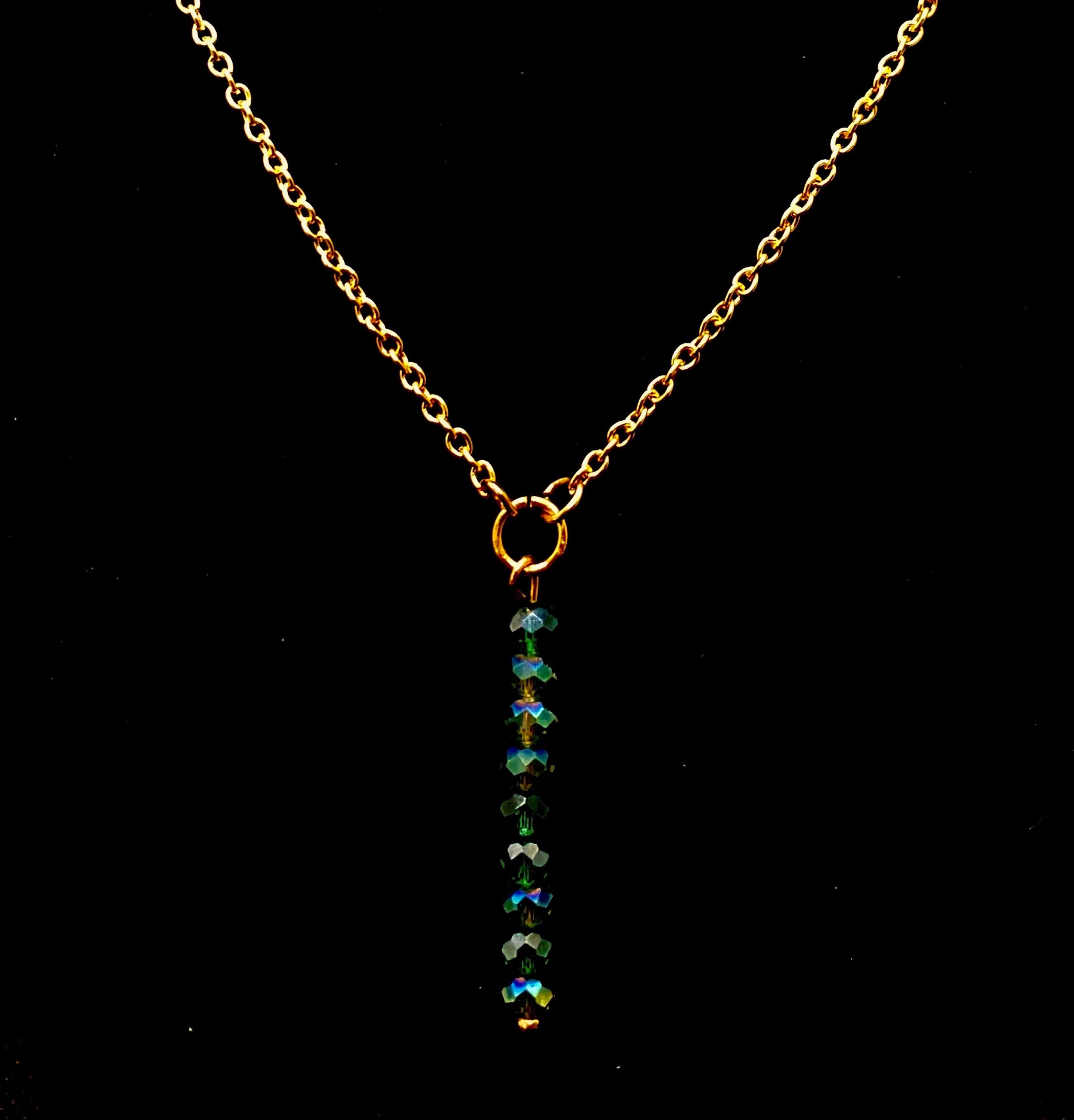 Y necklace with green glass beads Etsy