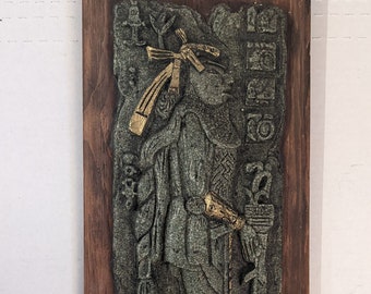 Aztec Mayan Temple cross Left side King Pakal carving wall plaque Artifact malachite Zarebski style Vintage crushed stone 16.5"