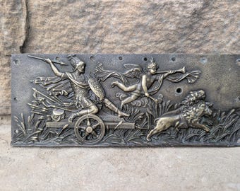 Roman Hunting Chariot Lion and Cherub Stela Fragment Sculptural wall relief plaque 8 5/16"  vintage metal plate