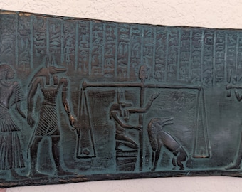 gyptian Judgment Day Anubis holding Scales of Justice w/Thoth, Ammut Stela Plaque Artifact Sculpture-10.5&quot;x 5.75&quot;--L10