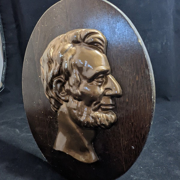 Abe Lincoln Foxcraft sculpture bust cameo plaque relief metal on wood-9.75"-W13