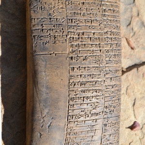 May include: A brown clay cuneiform tablet with ancient writing, measuring 5.5 inches long. The tablet is labeled "Medical Nippur 5.5" Aged Stone".