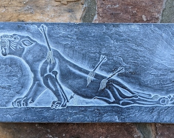 Assyrian Wounded Lioness Lion w/ arrows  frieze 11"x5 3/8"  sculpture wall plaque statue Facsimilies ltd reproduction authentic-Q2