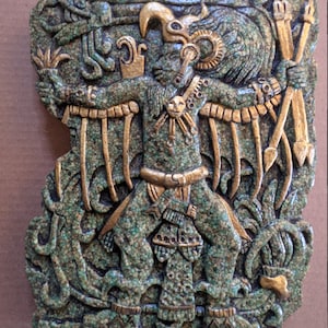 Aztec Maya Quetzalcoatl feathered serpent Codex Artifact Carved Deity Sculpture Statue 11" malachite Zarebski Vintage crushed stone-L21