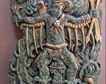 Aztec Maya Quetzalcoatl feathered serpent Codex Artifact Carved Deity Sculpture Statue 11&quot; malachite Zarebski Vintage crushed stone-L21