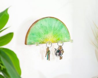 Handmade Kiwi Slice Key Holder, Unique Hand Painted Wood Organizer for Wall