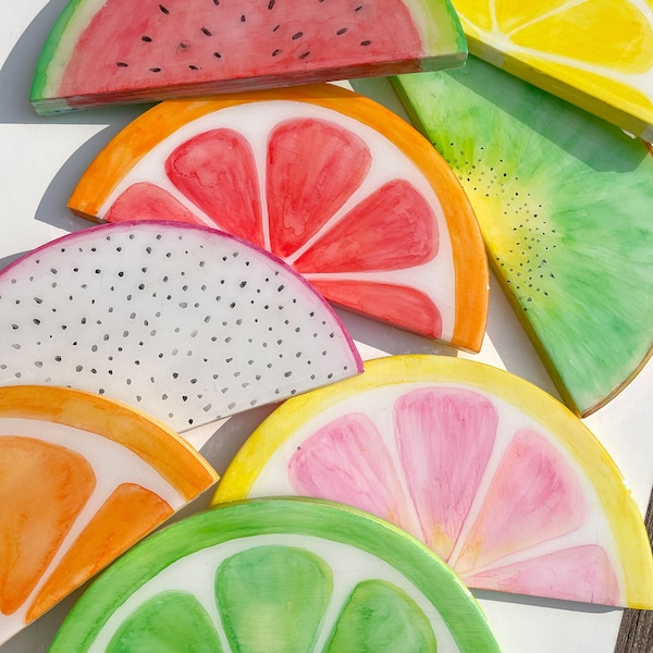 Fruit Slice Hand Painted Wall Hanging Watercolor Wall Decor | Cute Unique Wall Sculpture | Lemon Lime Orange Grapefruit Watermelon Art