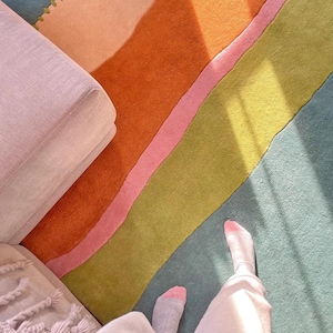 Stitched and Striped Hand Tufted Wool Rug, Colorful Blue Peach Green Orange Modern Area Rug