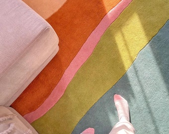 Stitched and Striped Hand Tufted Wool Rug, Colorful Blue Peach Green Orange Modern Area Rug