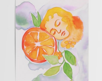 Orange Aura, Dreamy Orange Slice Watercolor Art Print, Unframed Giclee Art Print