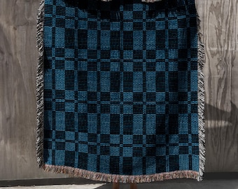 Blue And Navy Plaid Cotton Woven Throw Blanket