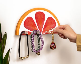 Hand Painted Ceramic Blood Orange Slice Key Holder, Unique Wall Storage Hooks, Fruit Art